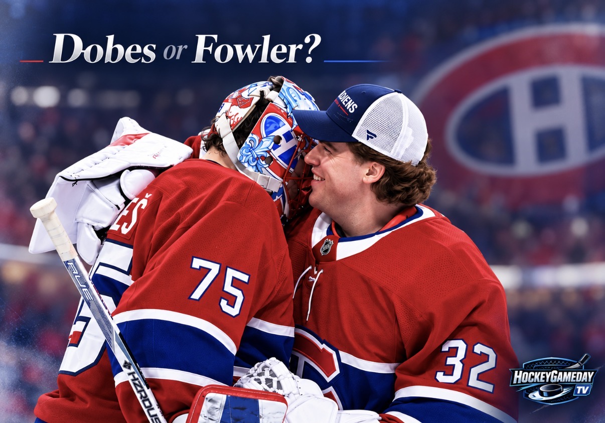 Jakub Dobes and Jacob Fowler in Montreal Canadiens jerseys, featured image for the HockeyGamedayTV goaltending debate