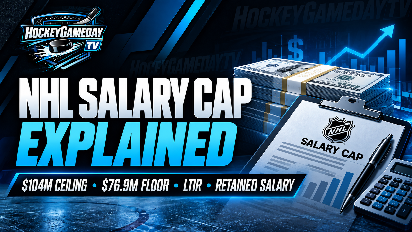 HockeyGamedayTV NHL Salary Cap Explained feature image covering the 104 million ceiling, 76.9 million floor, LTIR and retained salary